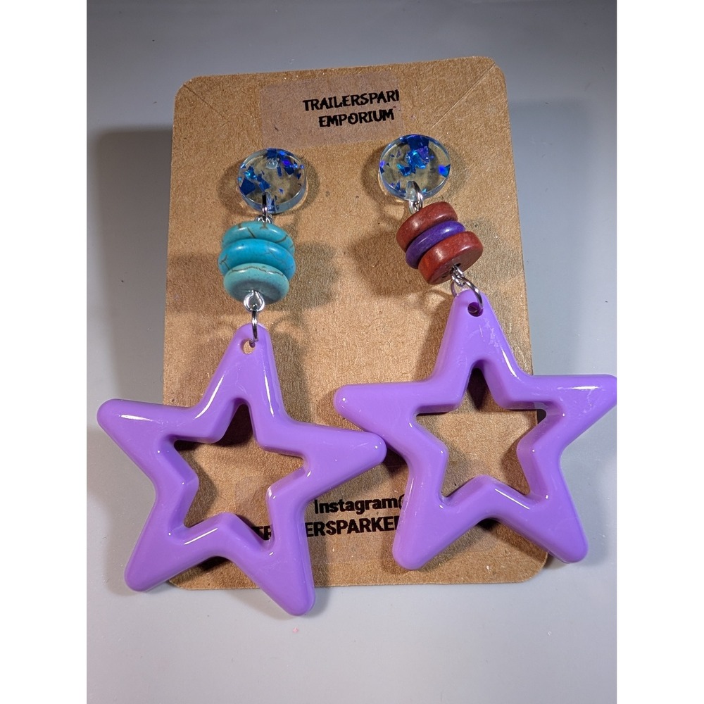 Trailerspark Emporium Mismatched Star Drop Earrings Purple Nickel Free Kitsch